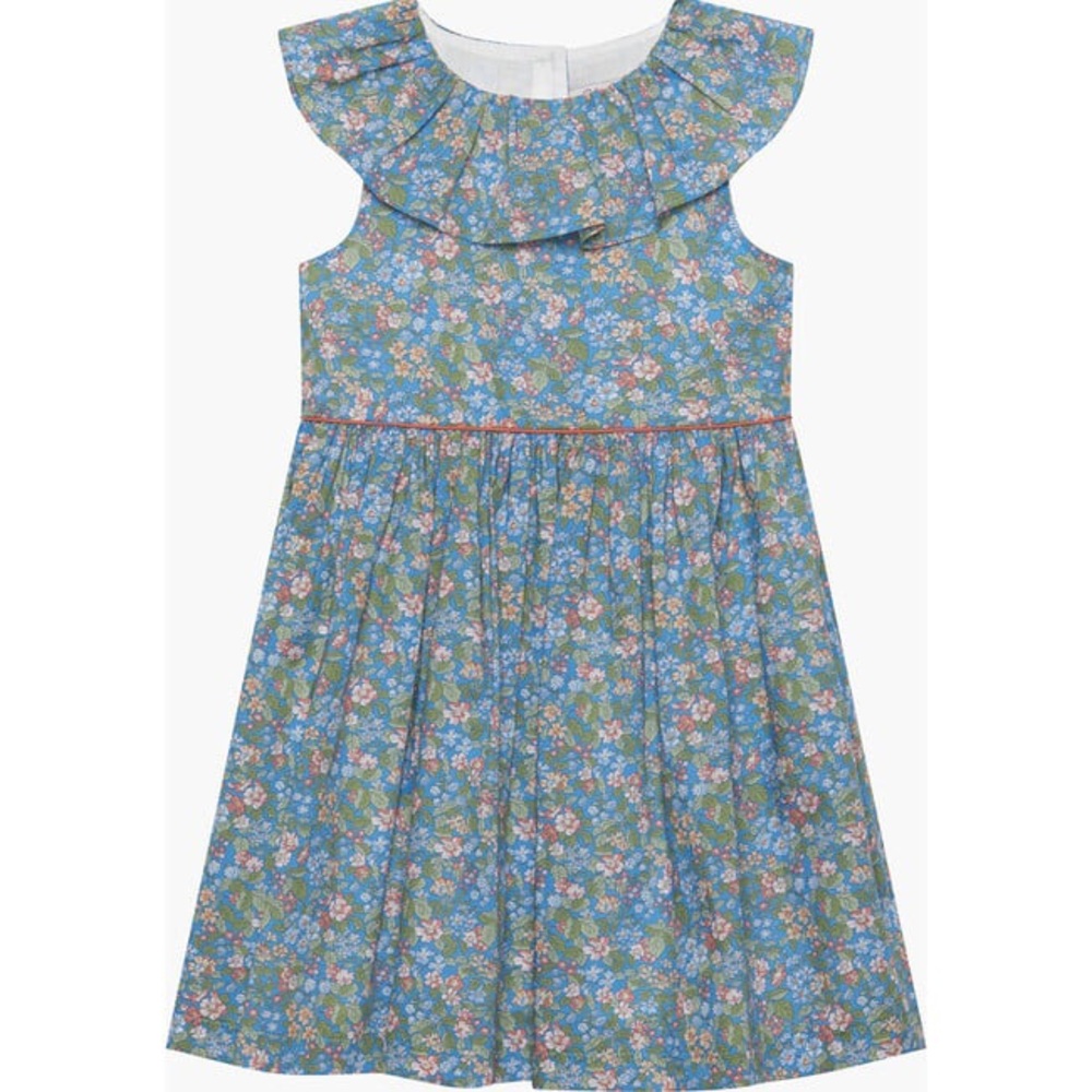 Trotters London 3T Lily Rose Blue Floral Ruffle-Neck Dress